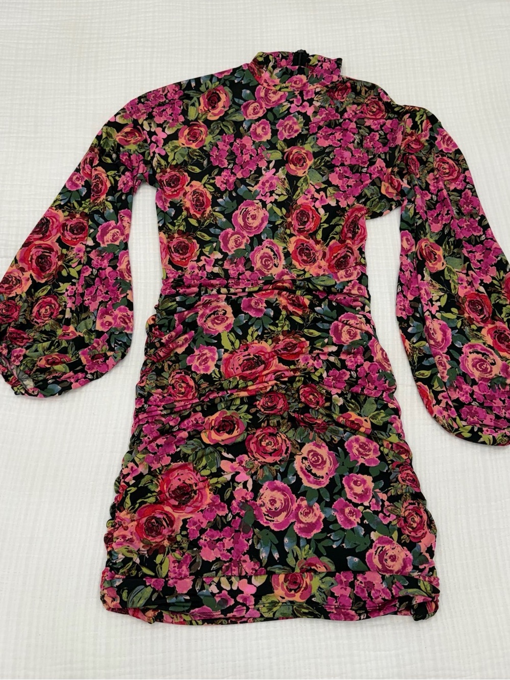 aqua floral ruched long sleeve mini dress size medium